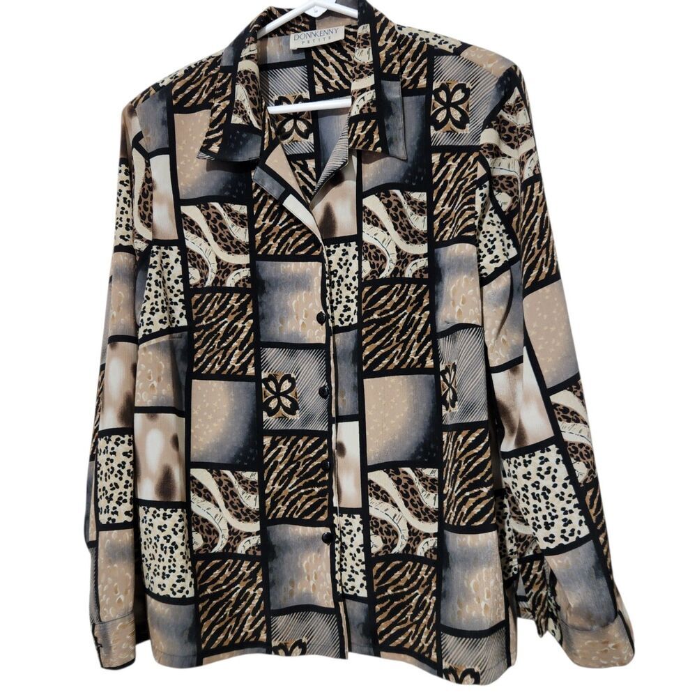 Donnkenny Blouses Size XL Petite Brown Animal Print Long Sleeve Lightweight